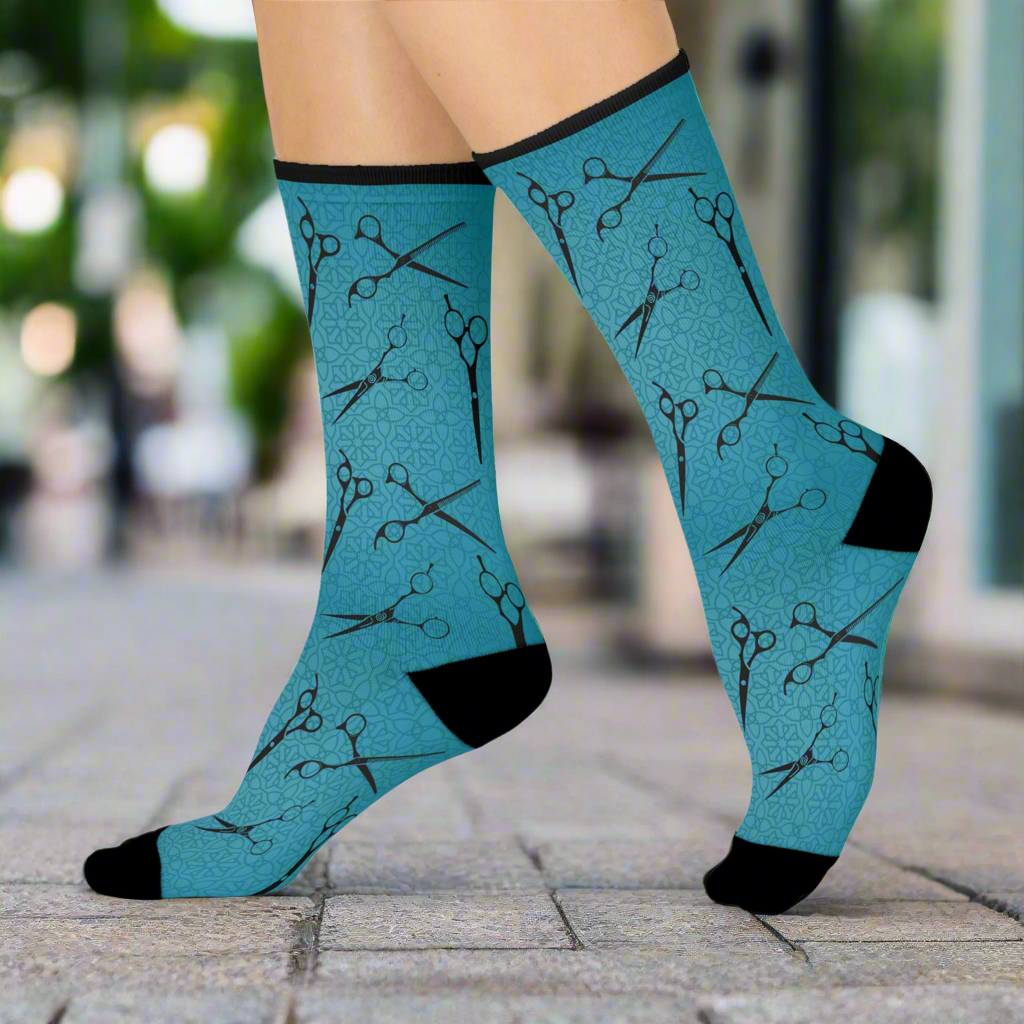 Hair Dresser Socks Unisex One Size Mid-Calf Crew Vintage Scissors Atlas Wanderlust