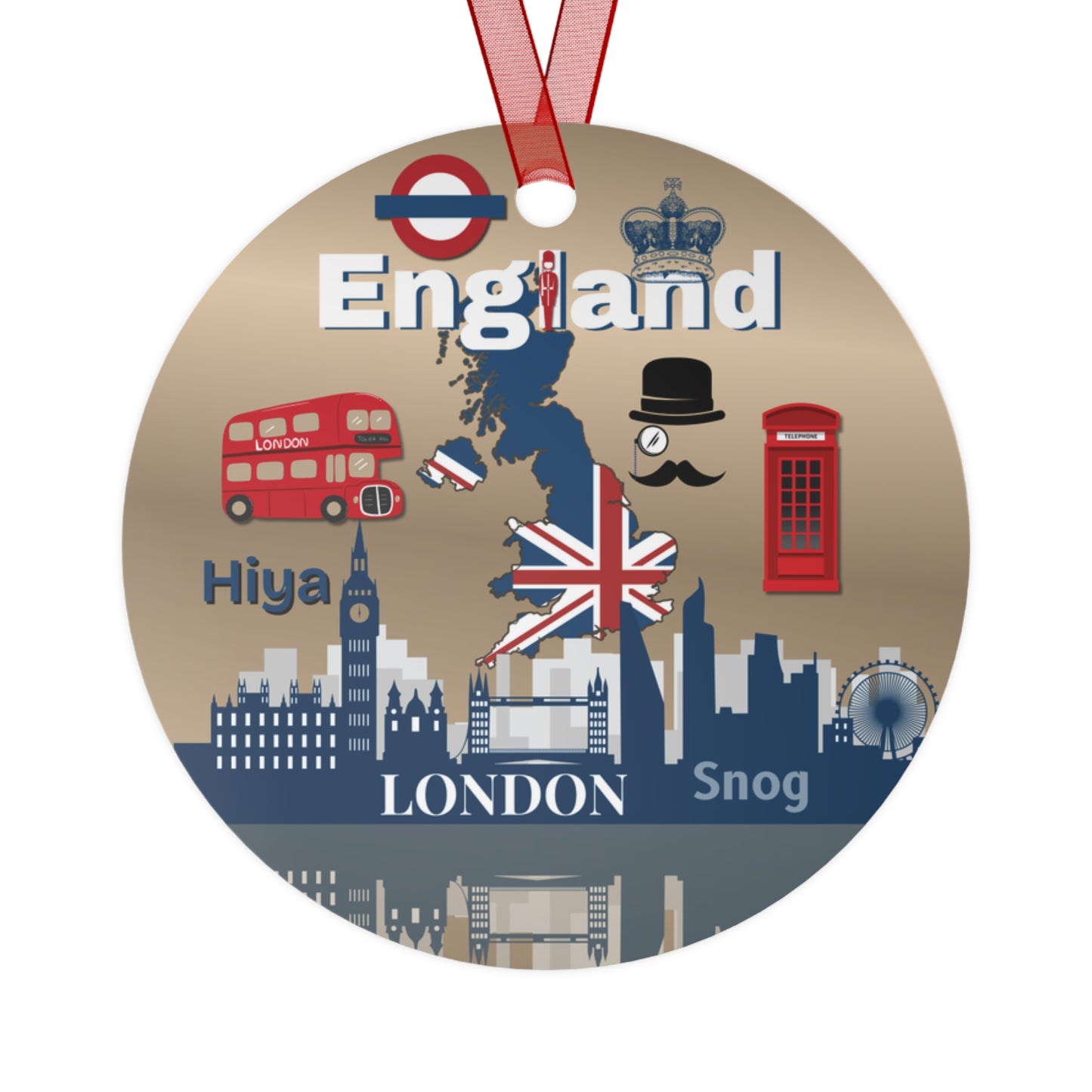 Circular ornament with British-themed design featuring a red double-decker bus, Big Ben, and Union Jack.