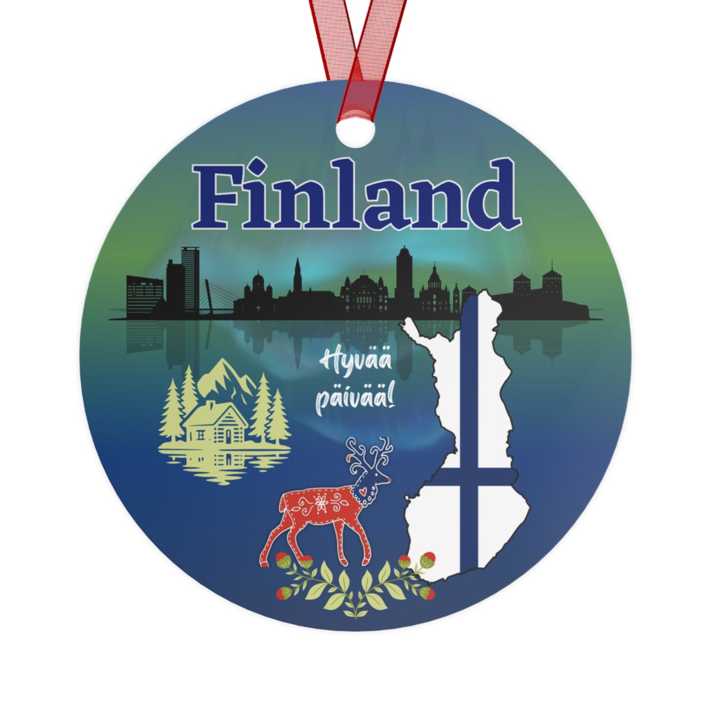 Finland travel ornament featuring Northern Lights, a folk art deer, and a Nordic landscape in a detailed decorative design