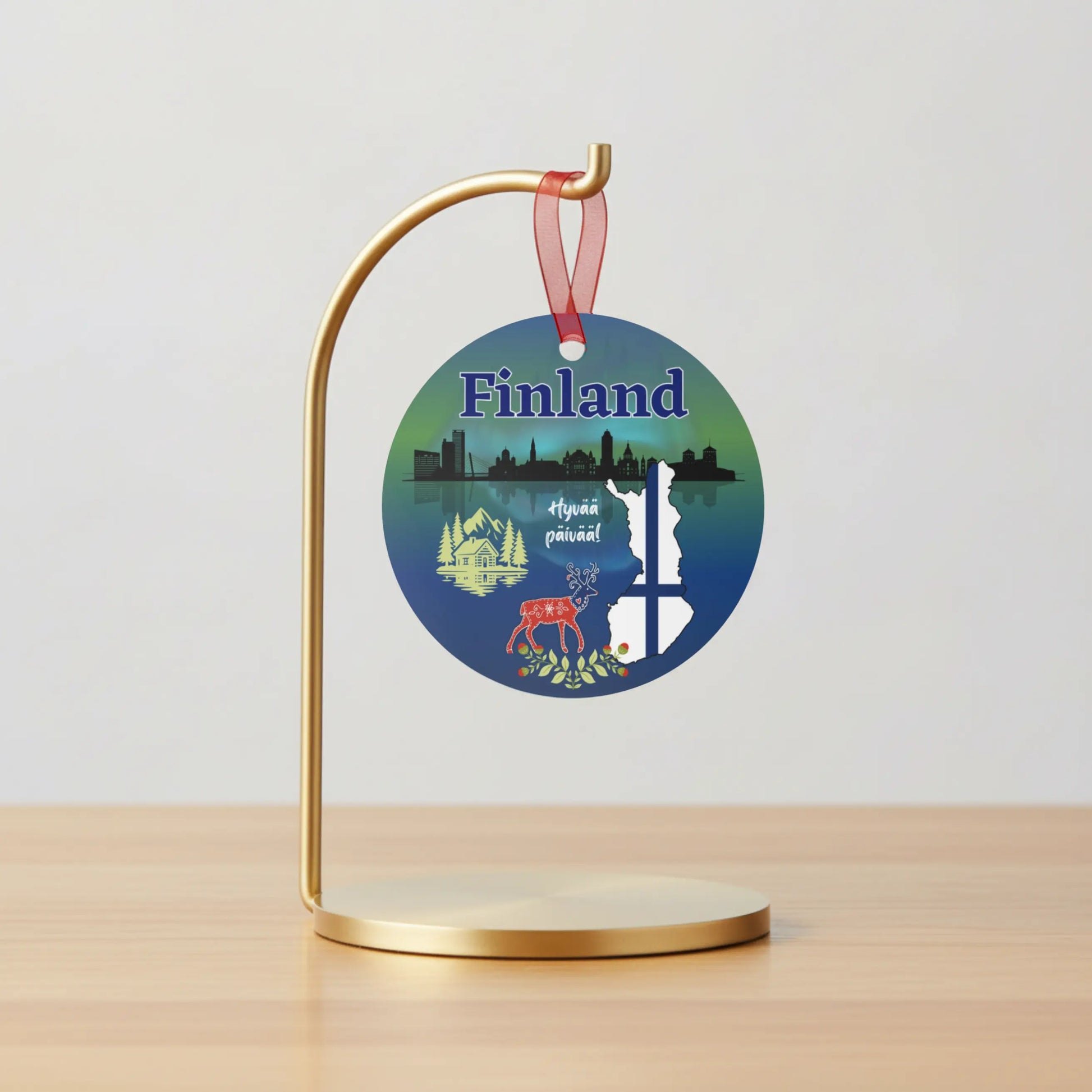 Finland Travel Ornament – Northern Lights, Folk Art Deer & Nordic Landscape Atlas Wanderlust