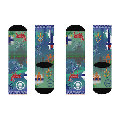 Finland socks northern lights folk art flat view right left