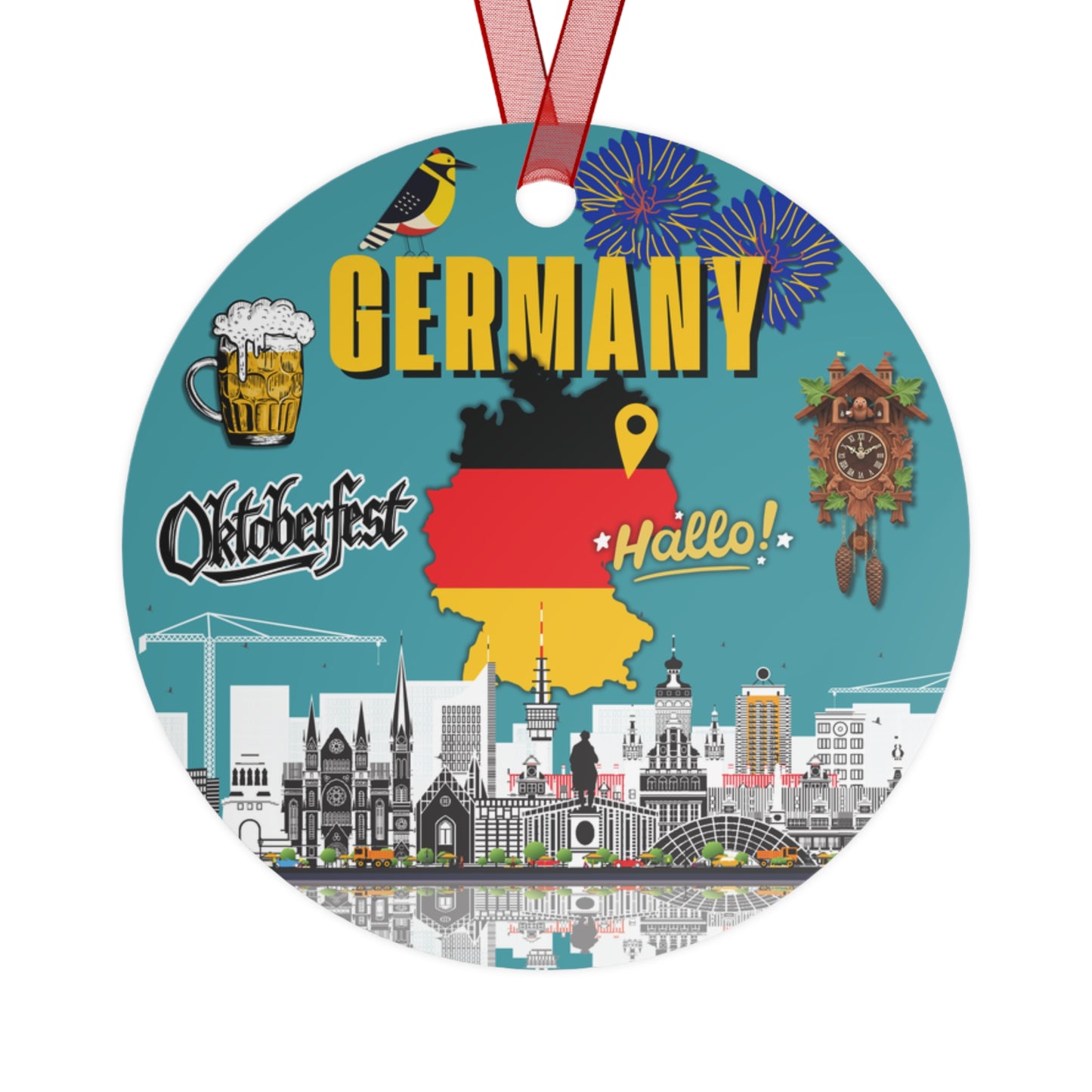 Circular ornament with German-themed design including beer mug, cuckoo clock, and cityscape.