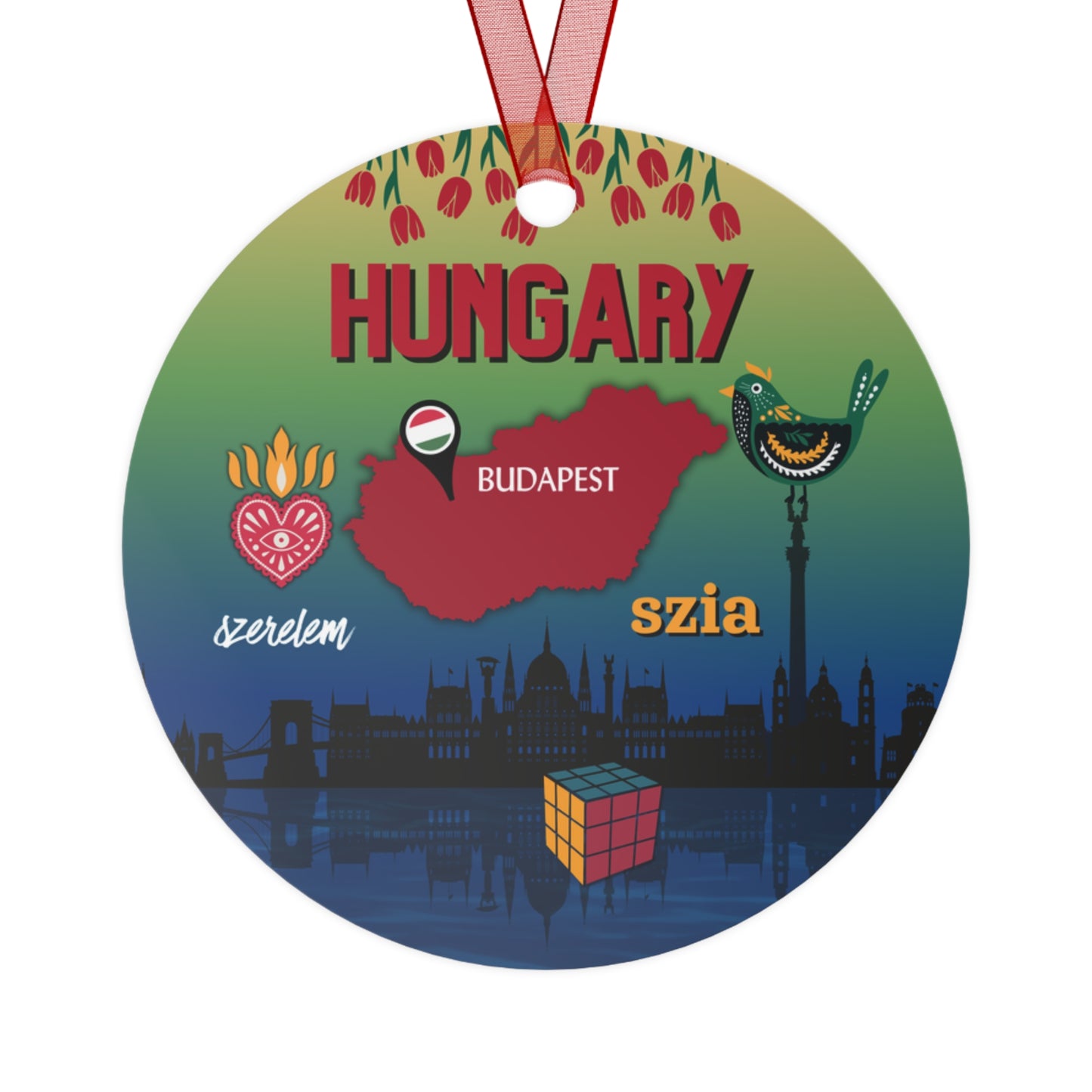 Round decorative item with Hungarian-themed illustrations and text on a white background