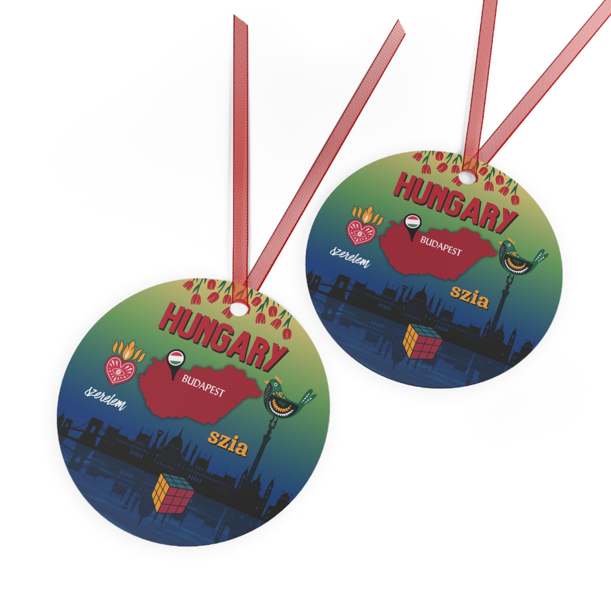 Two round tags with Hungarian designs and text on a white background