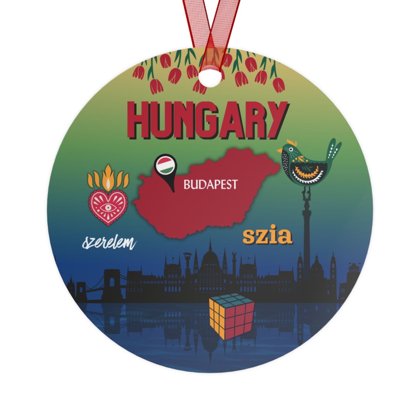 Round decorative item with Hungarian symbols and text on a white background