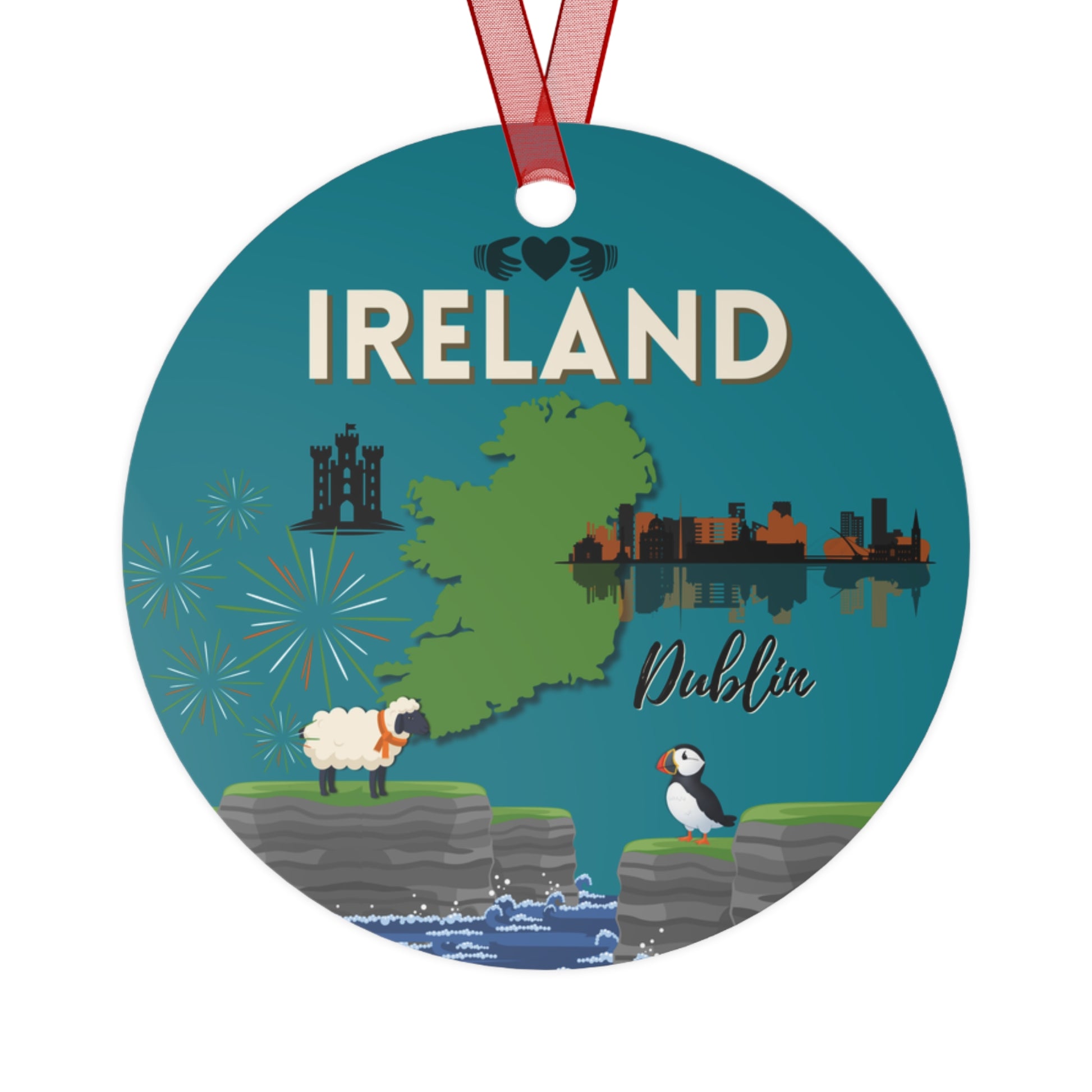 Ireland travel ornament featuring the Cliffs of Moher, a puffin, and the Dublin skyline in a detailed decorative design