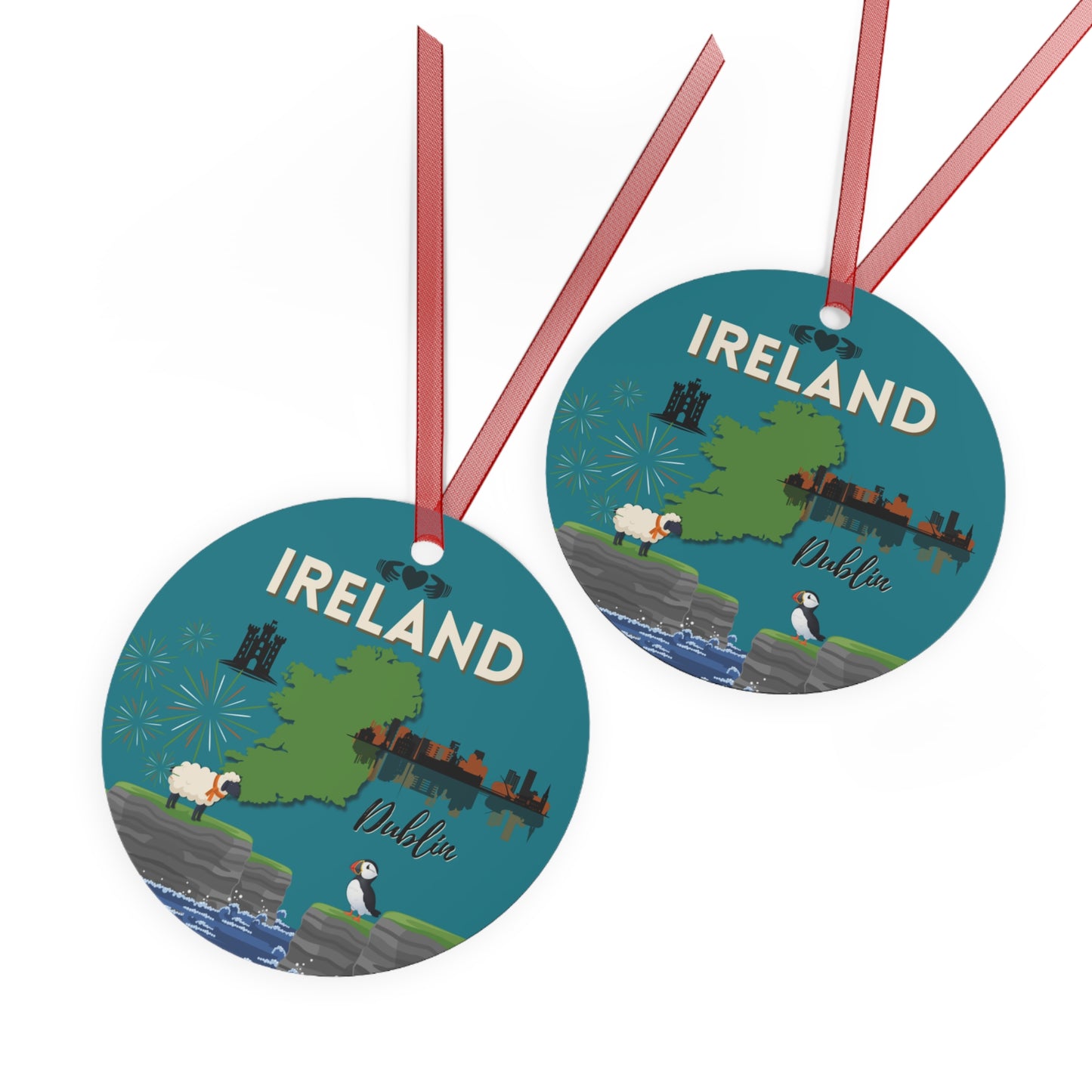 Ireland travel ornament featuring the Cliffs of Moher, a puffin, and the Dublin skyline in a detailed decorative design