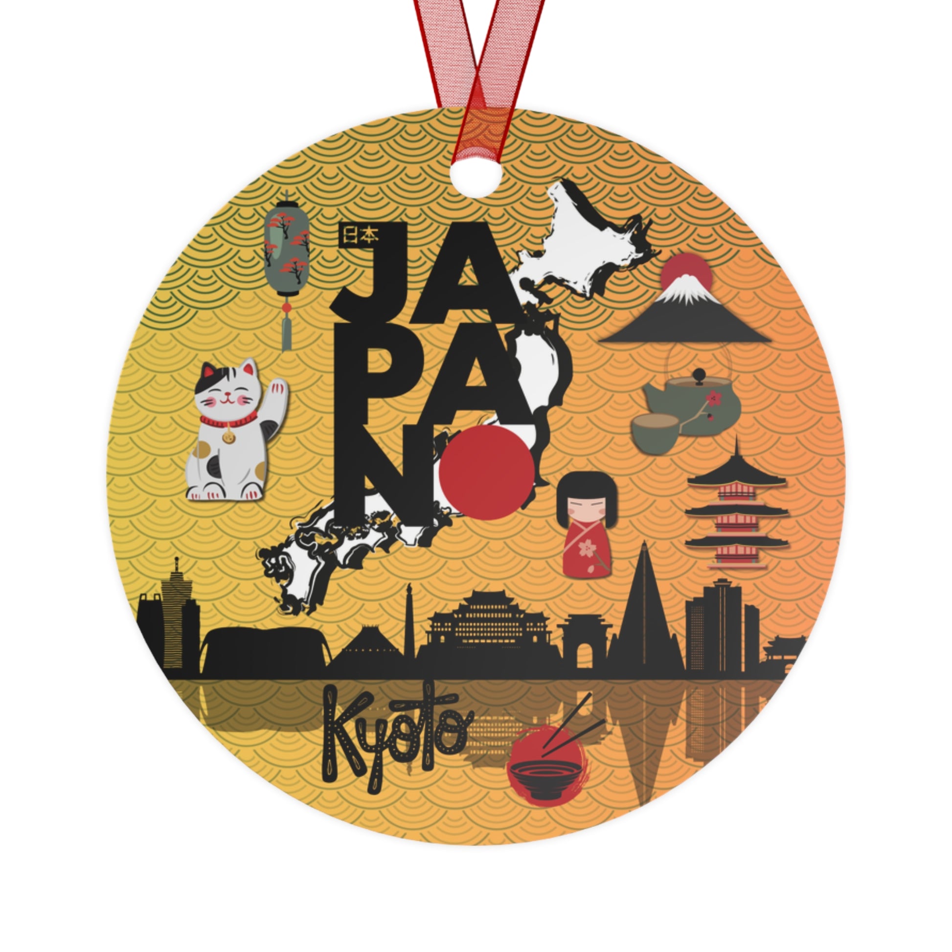 Japan travel ornament featuring cherry blossoms, Mount Fuji, and traditional Japanese design