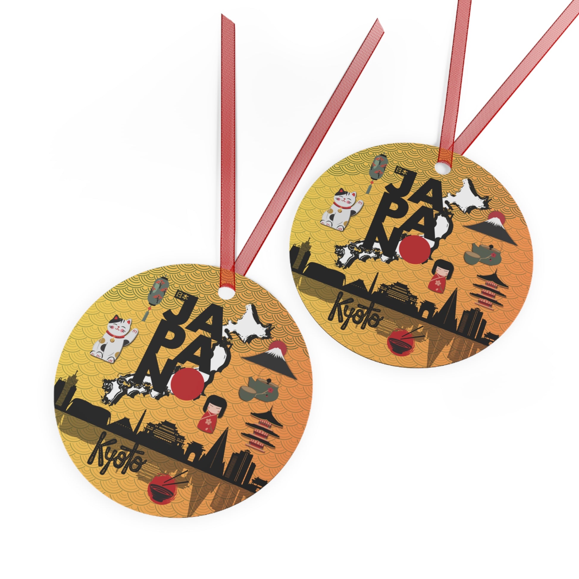 Two round ornaments with Japanese-themed designs on a white background