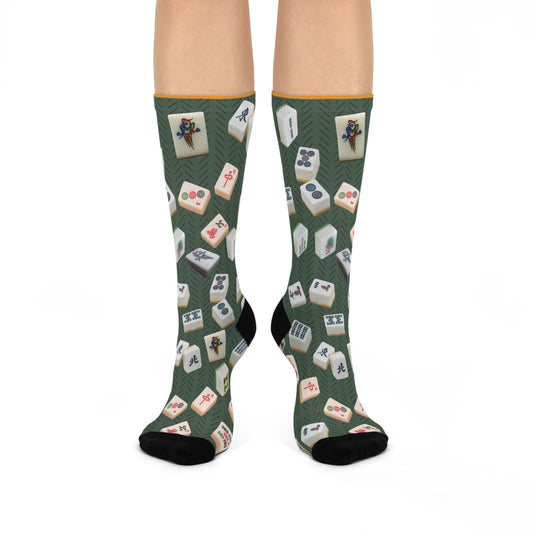 Colorful mahjong crew socks with a unisex design inspired by the classic mahjong game
