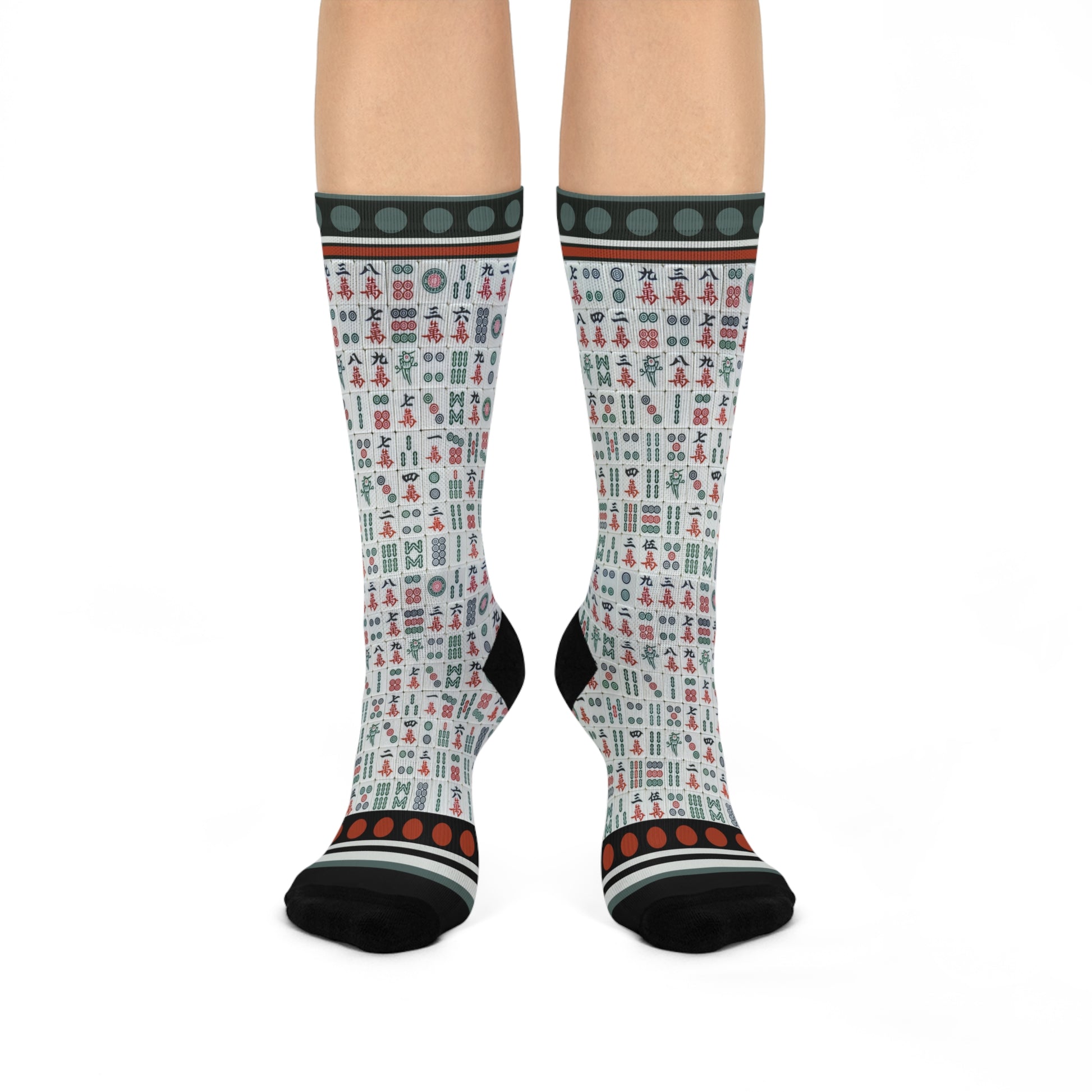 Colorful mahjong tiles crew socks with unisex design inspired by the classic board game