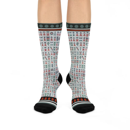 Colorful mahjong tiles crew socks with unisex design inspired by the classic board game