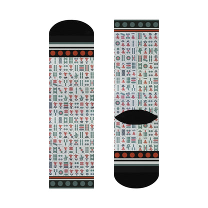 Colorful mahjong tiles crew socks with unisex design inspired by the classic board game