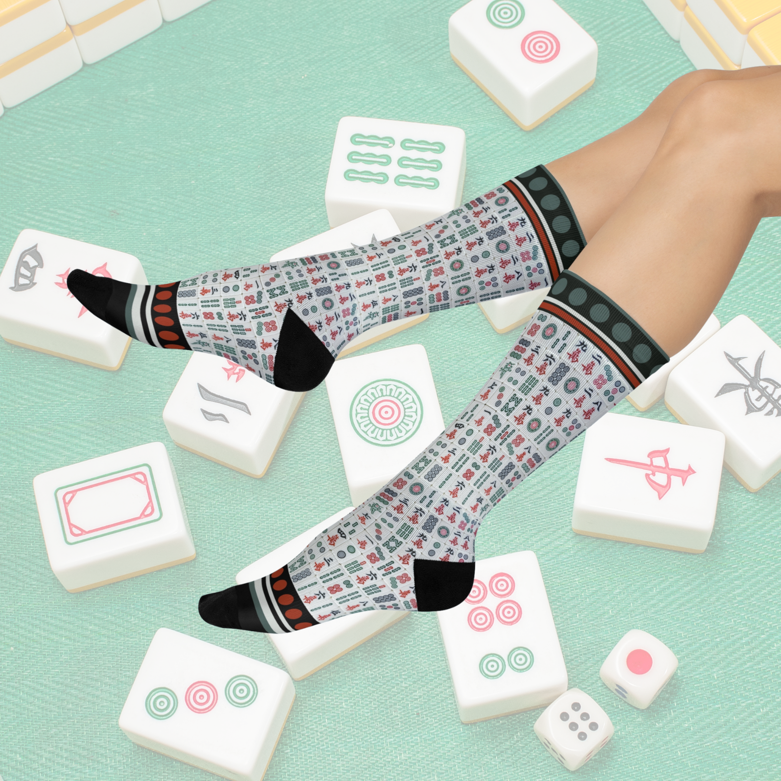 Colorful mahjong tiles crew socks with unisex design inspired by the classic board game