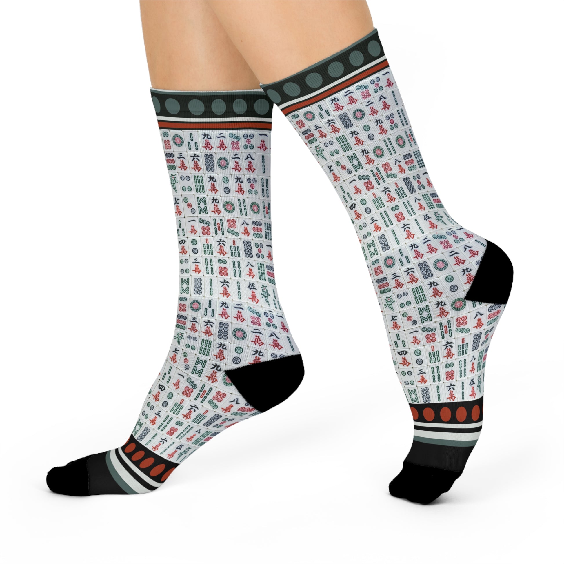 Colorful mahjong tiles crew socks with unisex design inspired by the classic board game