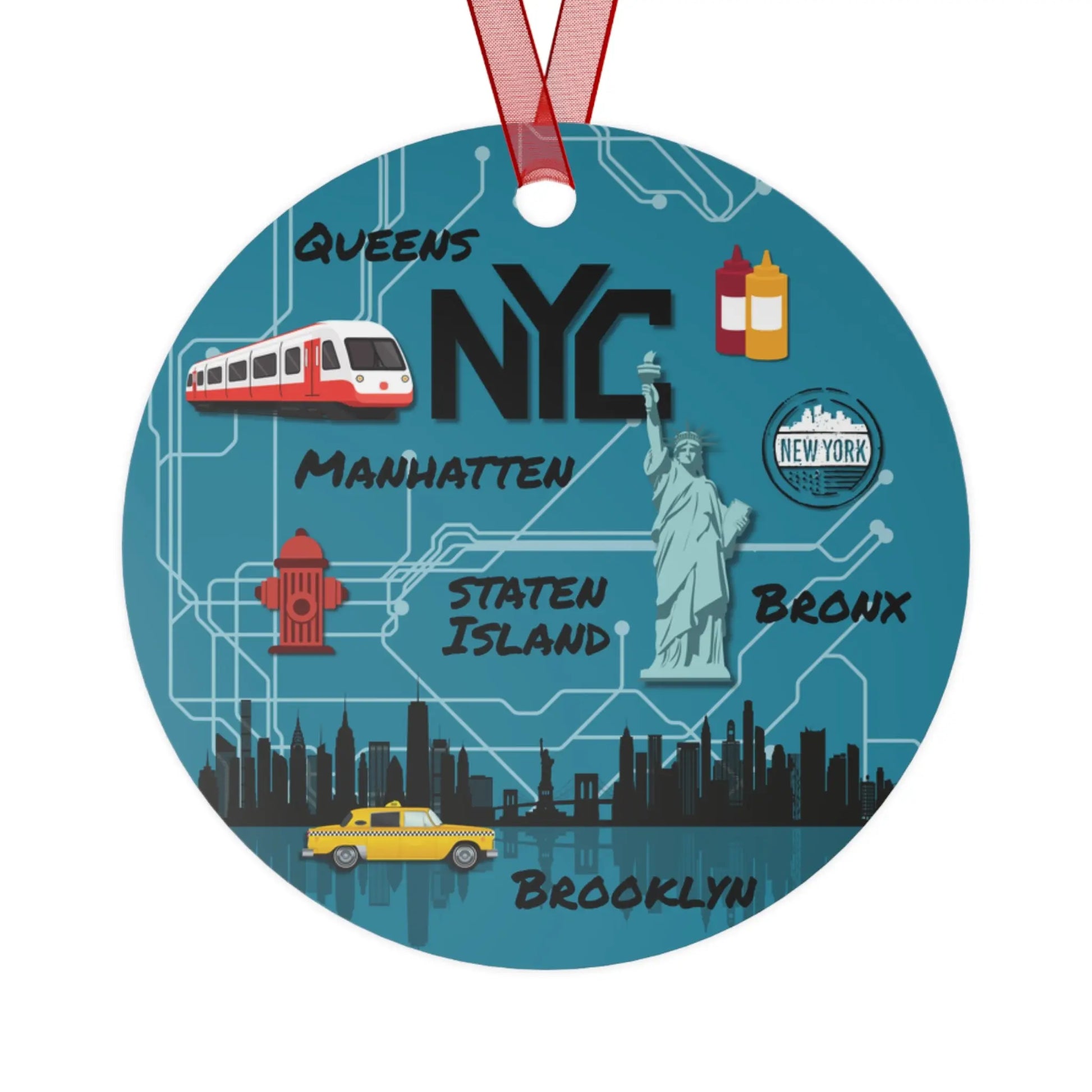 Circular design of New York City with landmarks and text on a blue background