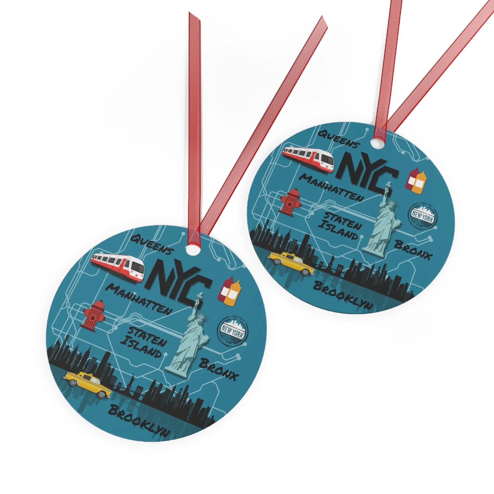 Two round blue tags with NYC illustrations and text on a white background