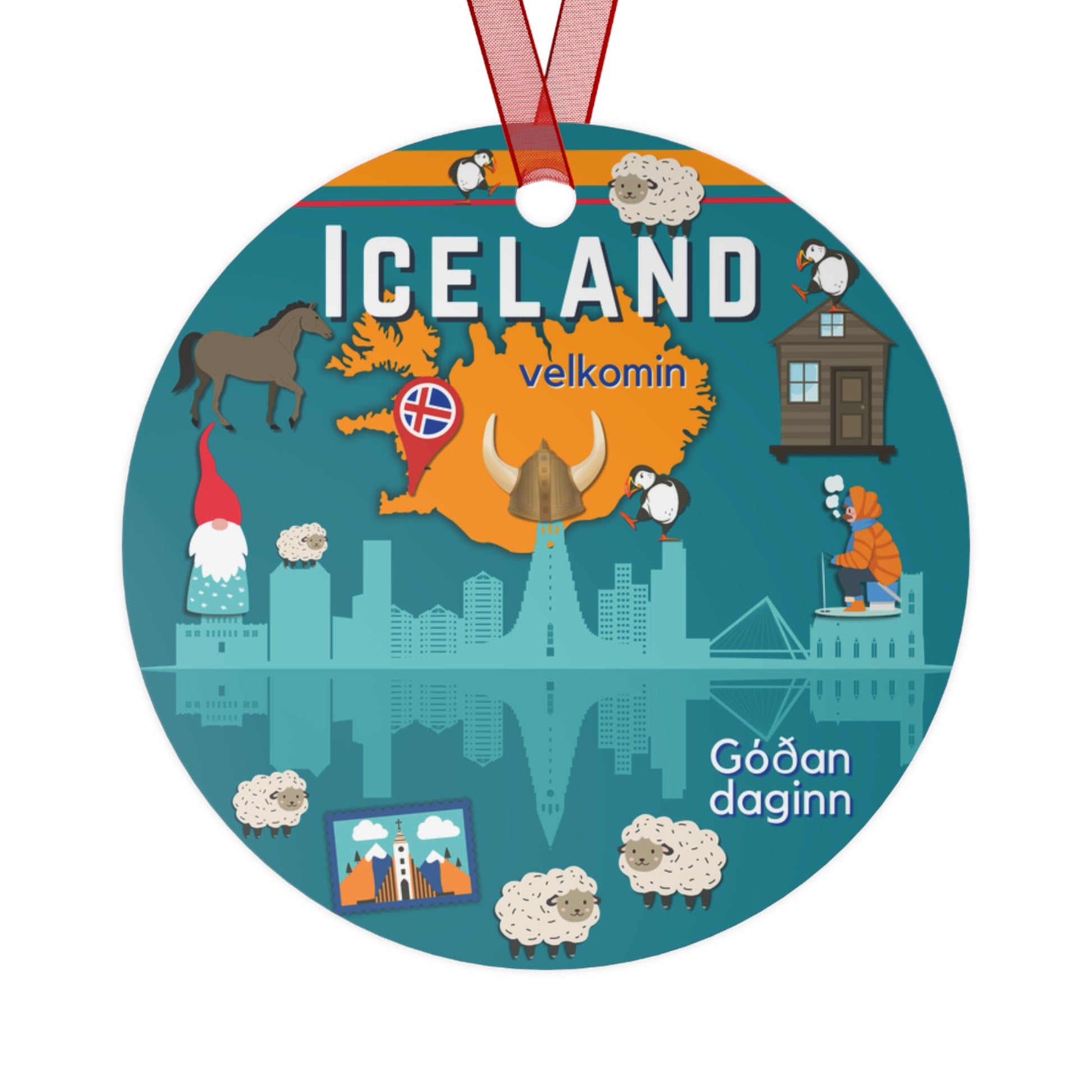 Round decorative item with Iceland-themed illustrations and text on a white background
