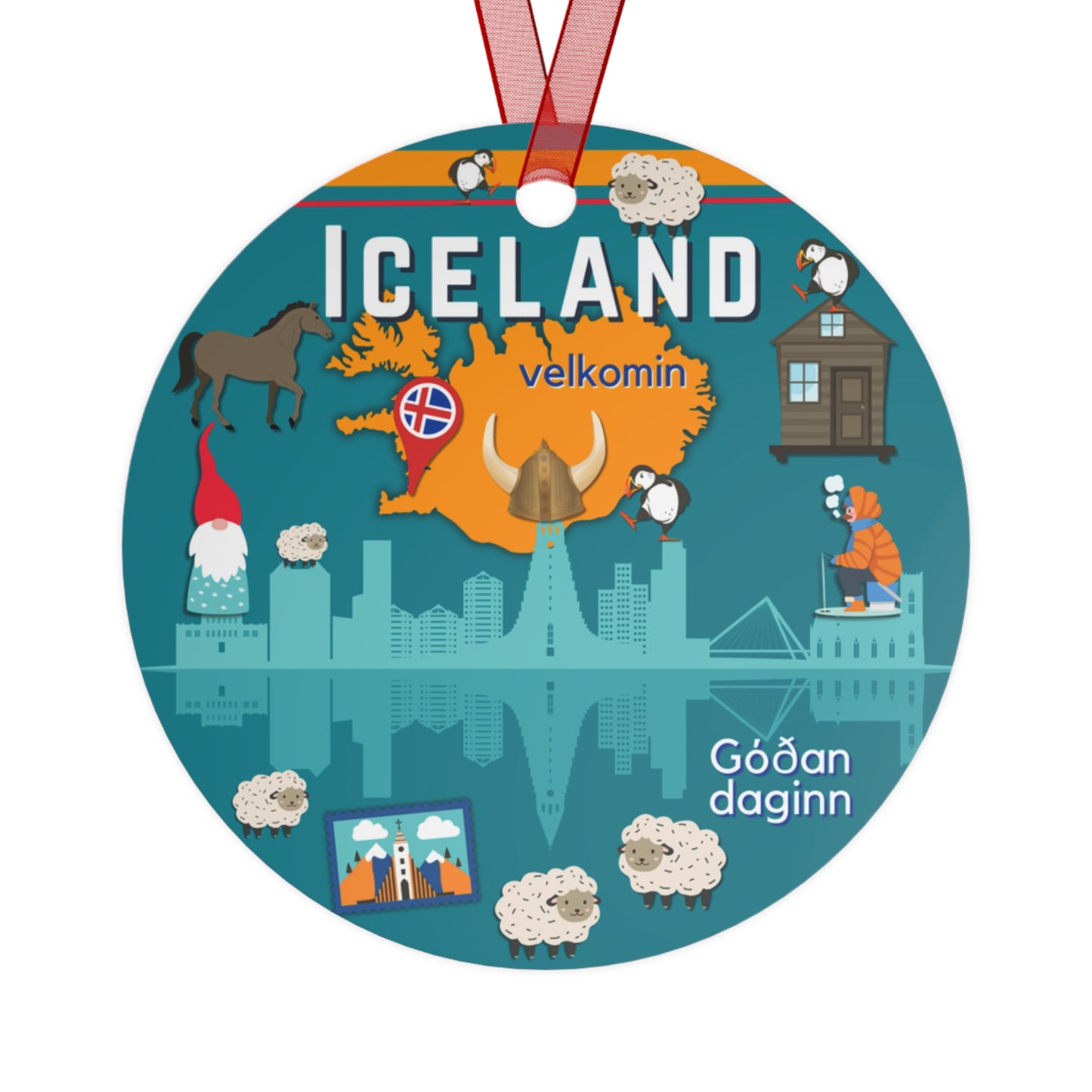 Round decorative item with Iceland-themed illustrations and text on a white background