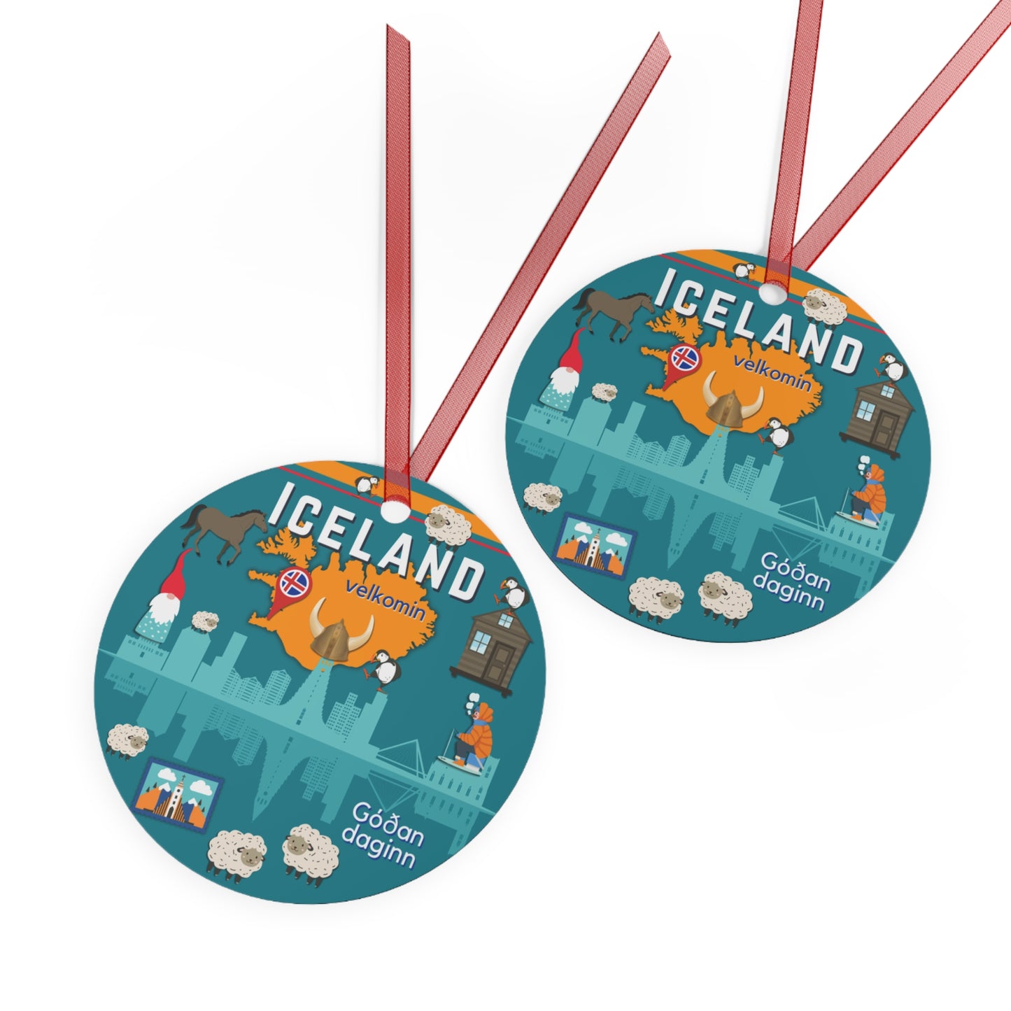 Two round Icelandic-themed coasters with illustrations and text on a white background.