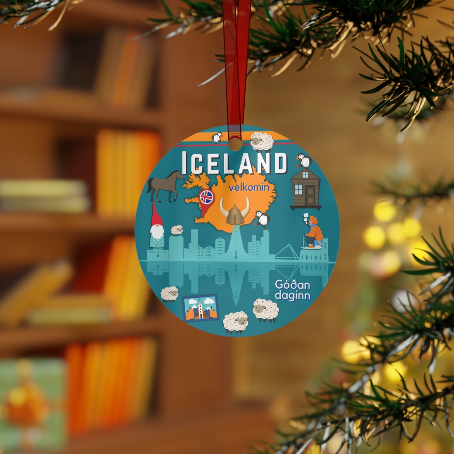 Decorative ornament with Iceland illustrations hanging on a tree