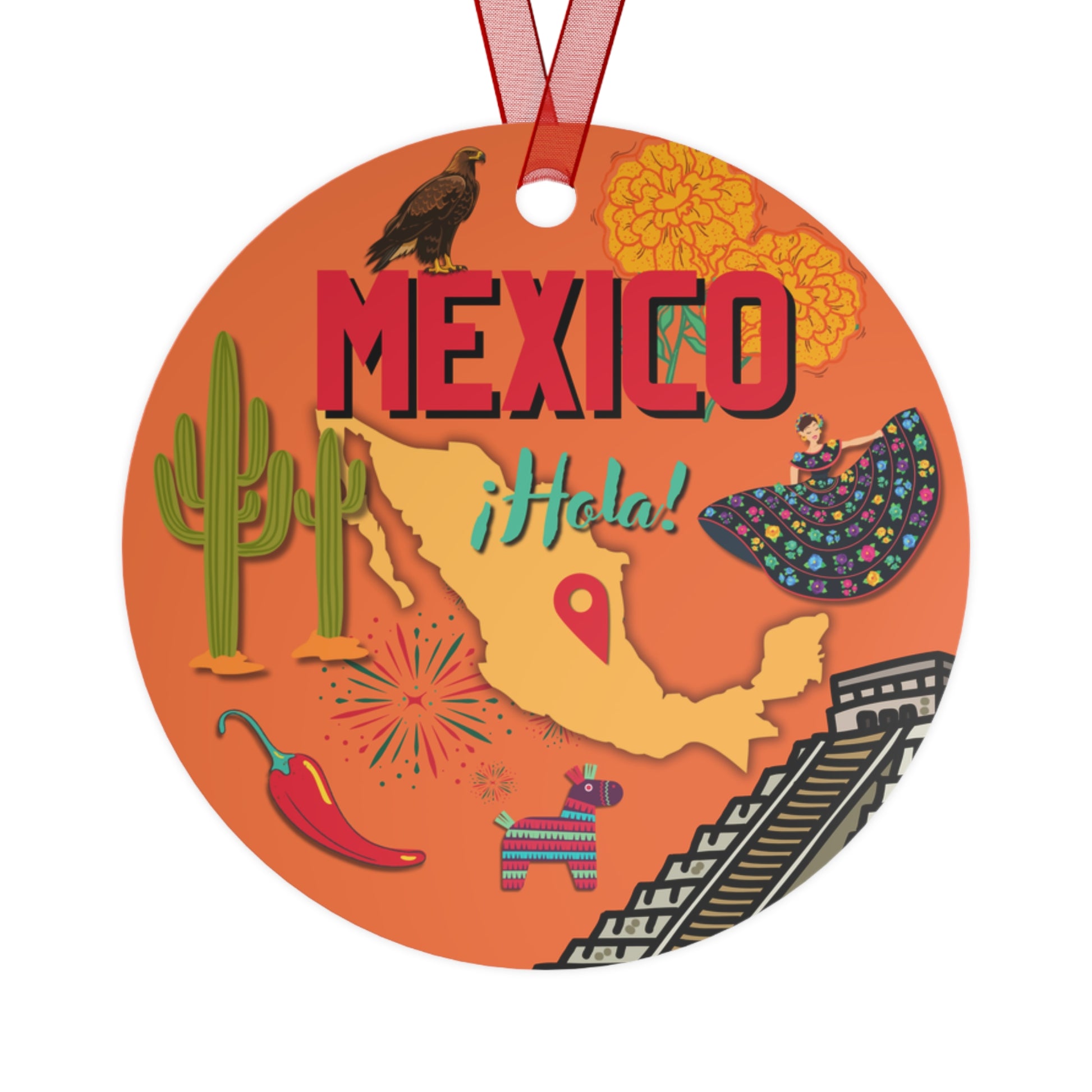 Decorative round ornament with Mexican-themed illustrations on an orange background