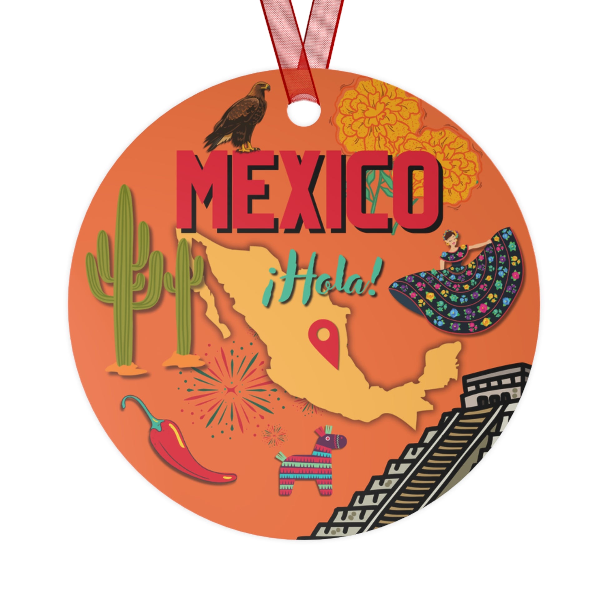 Decorative round ornament with Mexican-themed illustrations and 'MEXICO Hola!' text on an orange background.