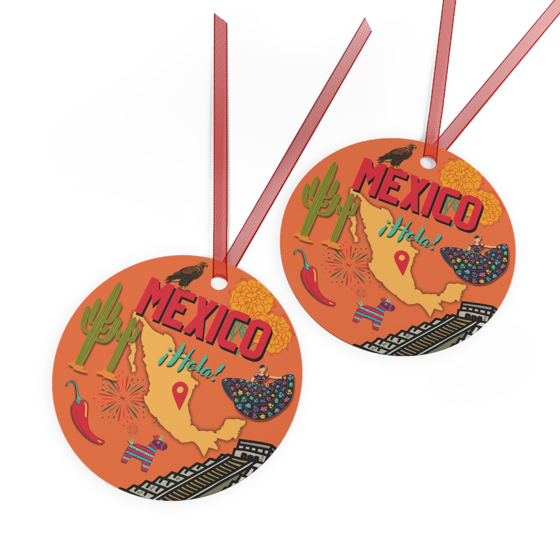 Two round orange tags with Mexican-themed designs and 'Mexico ¡Hola!' text on a white background.