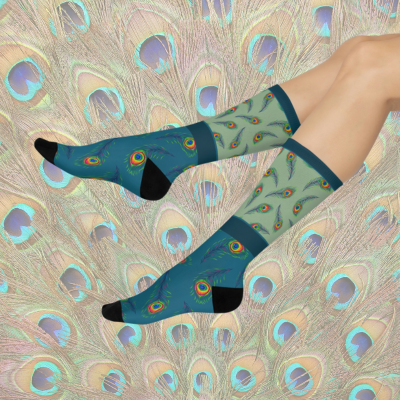 Peacock Socks Feathers Unisex Adult Stretchy Mid Calf Original Atlas Wanderlust