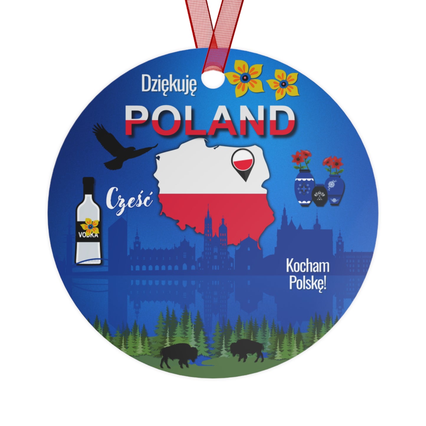 Decorative round item with Polish-themed graphics and text on a blue background