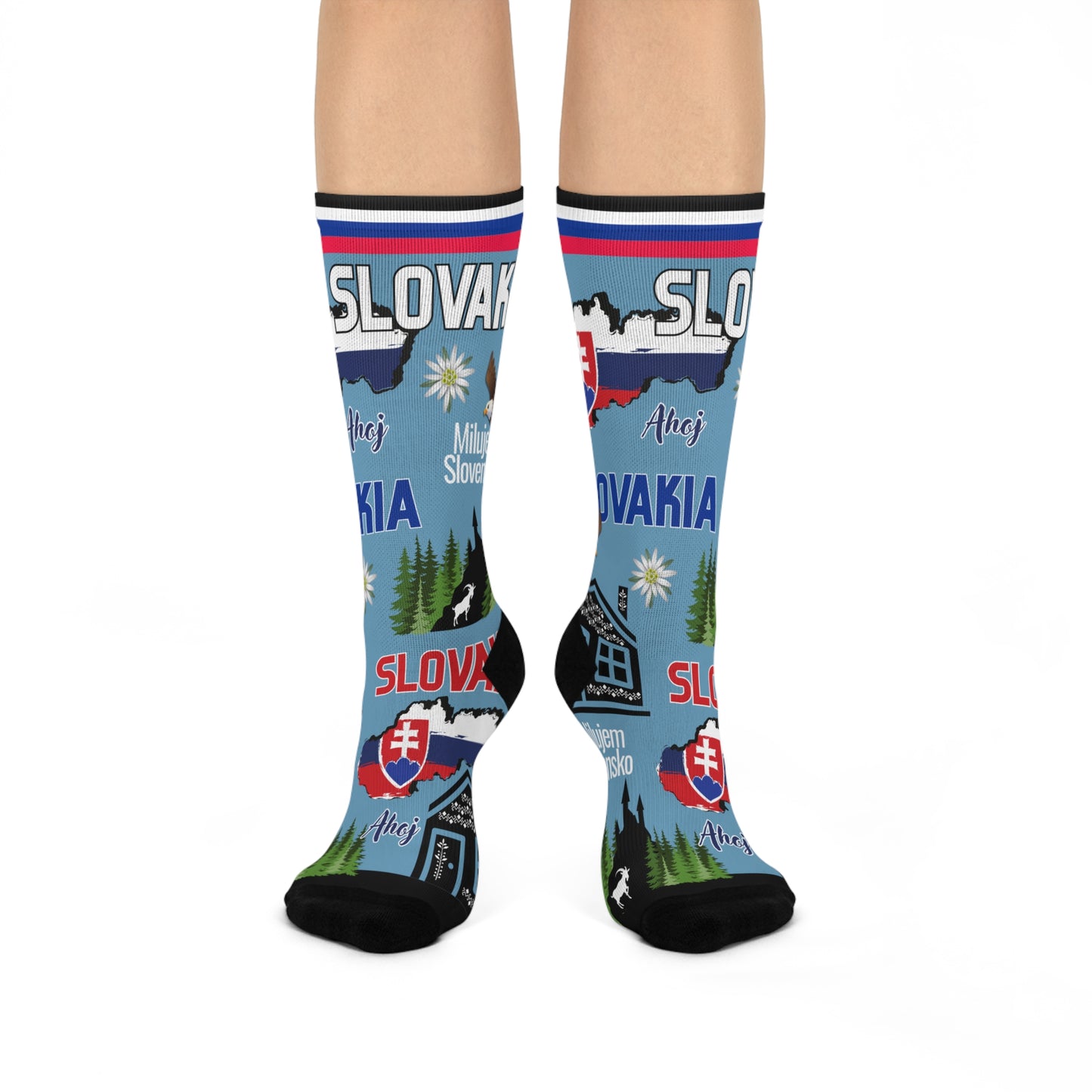 Socks with Slovakian design featuring text and symbols on a white background
