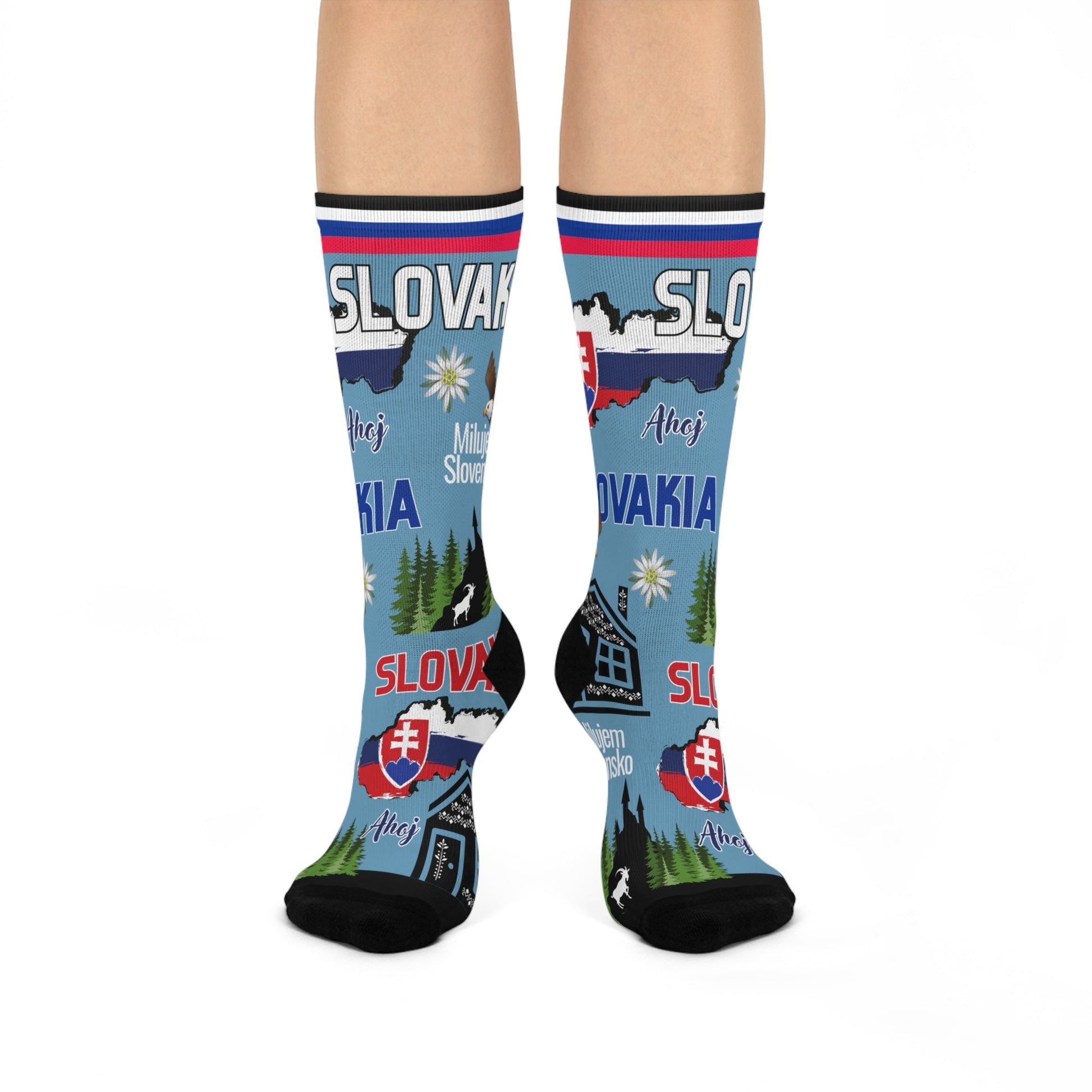 Socks with Slovakian design featuring text and symbols on a white background