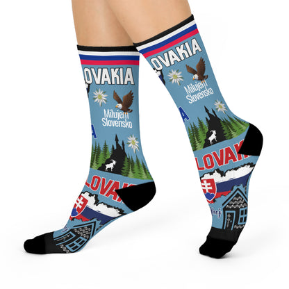 Colorful socks with 'Slovakia' text and designs on a white background