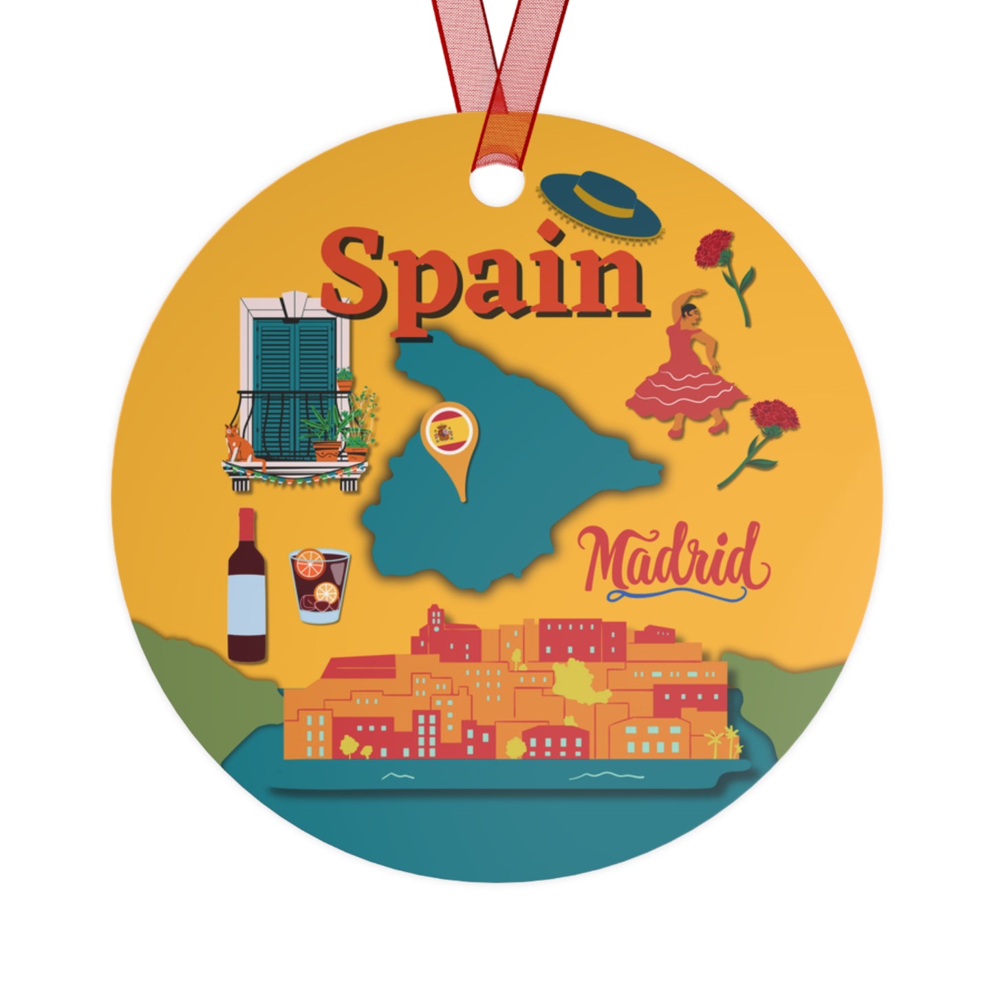 Decorative tag with illustrations of Spain, Madrid, and traditional elements on a yellow background.