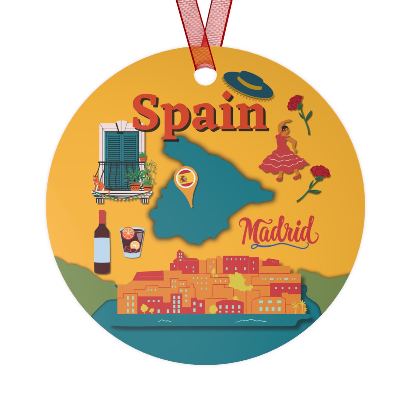 Spain travel ornament featuring a flamenco dancer, sangria glass, and scenic Spanish coastal views