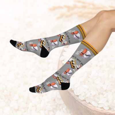 Sushi "Rice To Meet You" Socks Food Pun Unisex Adult Stretchy Mid Calf Original Atlas Wanderlust