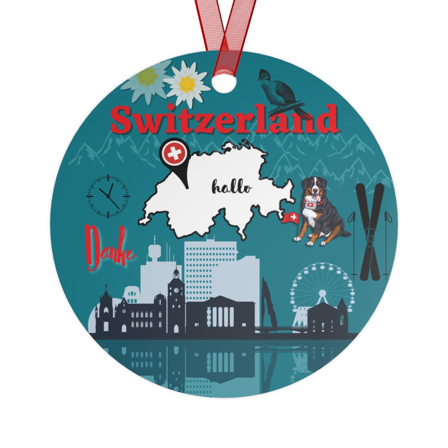 Round decorative item with Swiss-themed illustrations on a teal background
