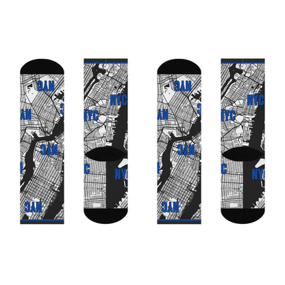 NYC Socks Blue Map Wall Street Unisex Adult Stretchy Mid Calf Atlas Wanderlust
