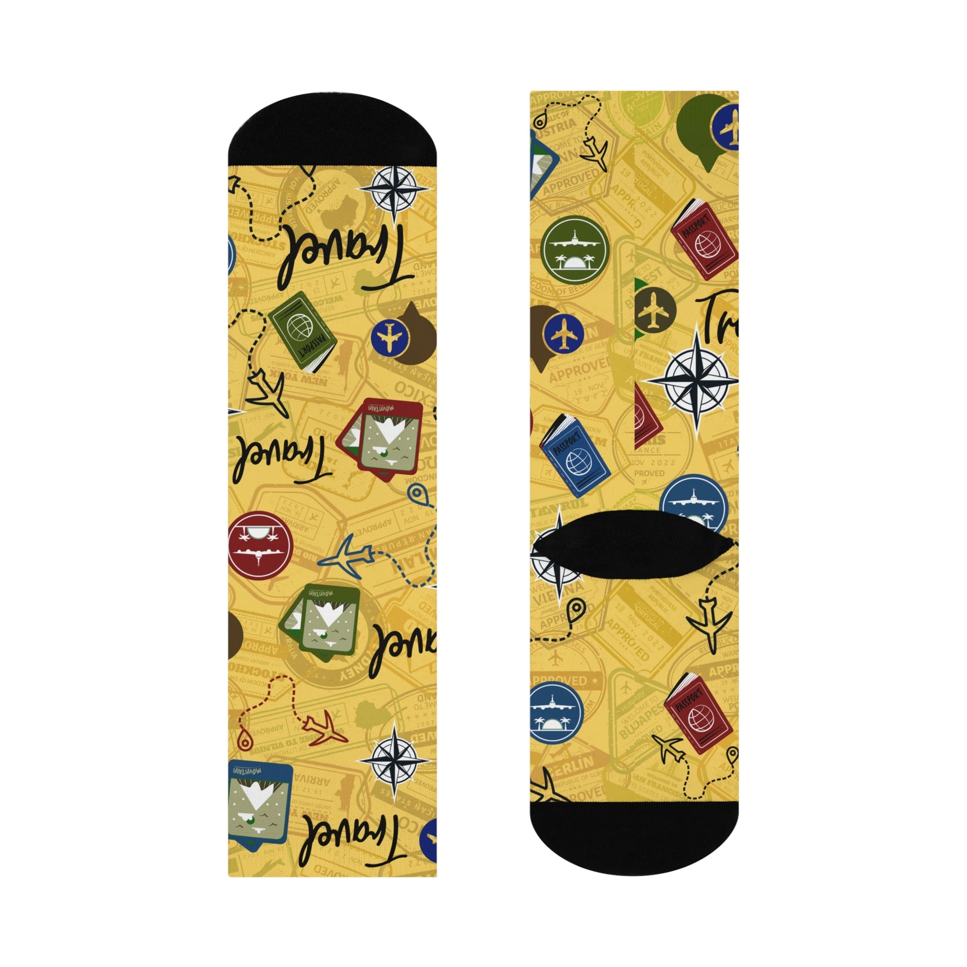 Travel Socks Yellow Compass Unisex Adult Stretchy Mid Calf Original Atlas Wanderlust