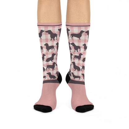 Dachshund Socks Gingham Unisex Adult Stretchy Mid Calf Original Atlas Wanderlust
