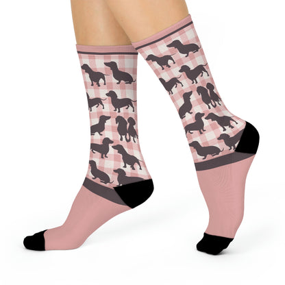 Dachshund Socks Gingham Unisex Adult Stretchy Mid Calf Original Atlas Wanderlust