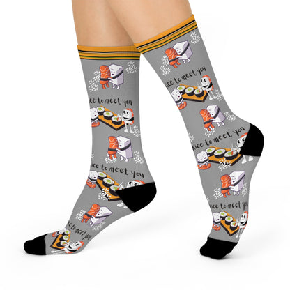 Sushi "Rice To Meet You" Socks Food Pun Unisex Adult Stretchy Mid Calf Original Atlas Wanderlust