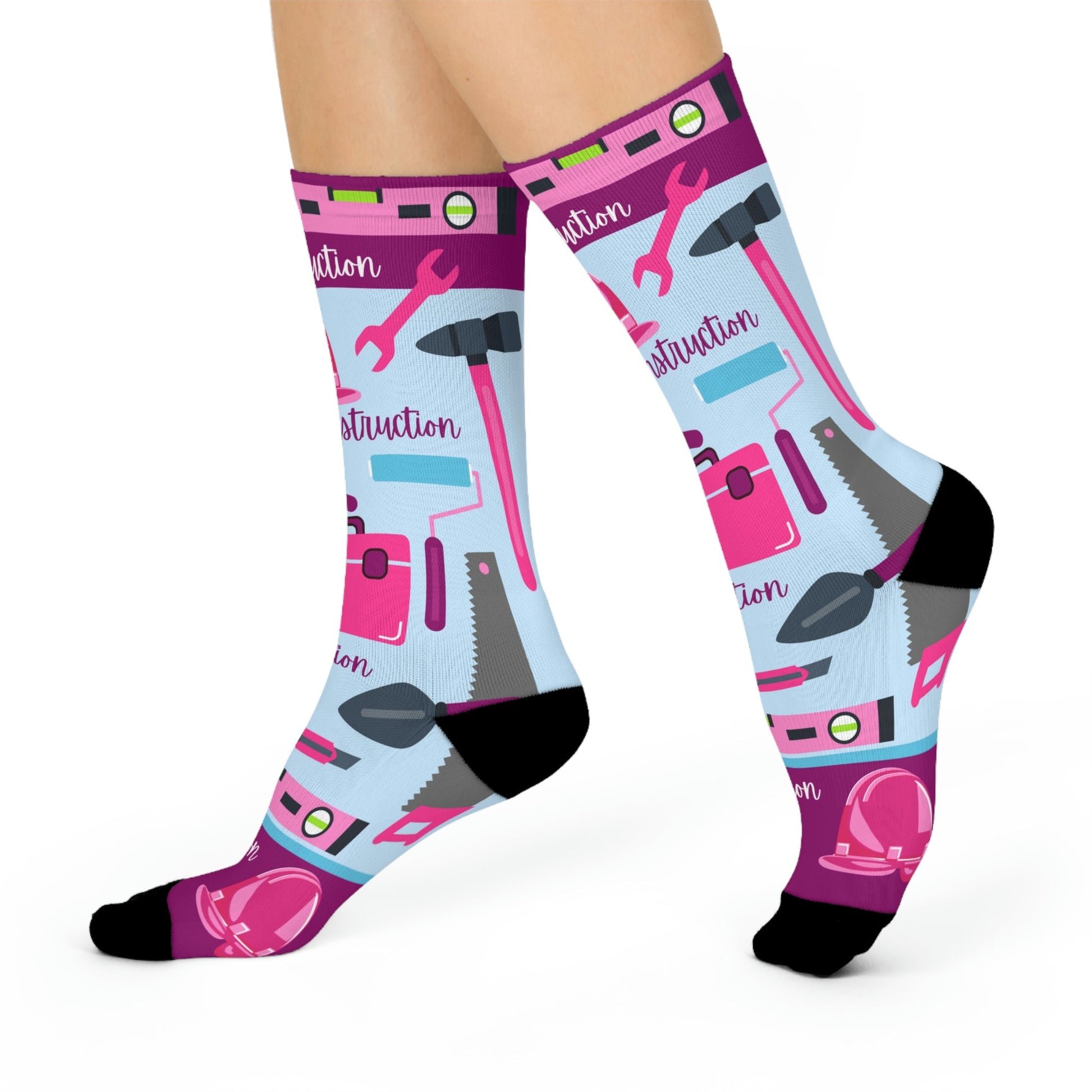 Construction Worker Socks Pink Unisex Adult Stretchy Mid Calf Original Atlas Wanderlust