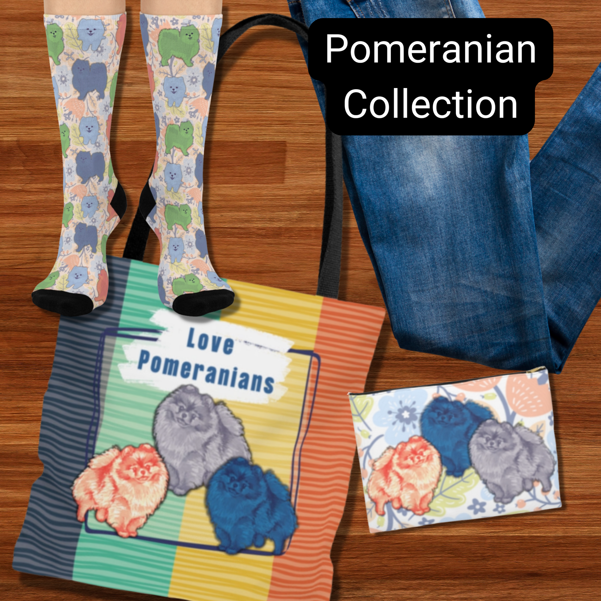 Pomeranian Dog Crew Socks, colorful, pastels, trendy design, men's, women's gift socks - The Dapper Dogg