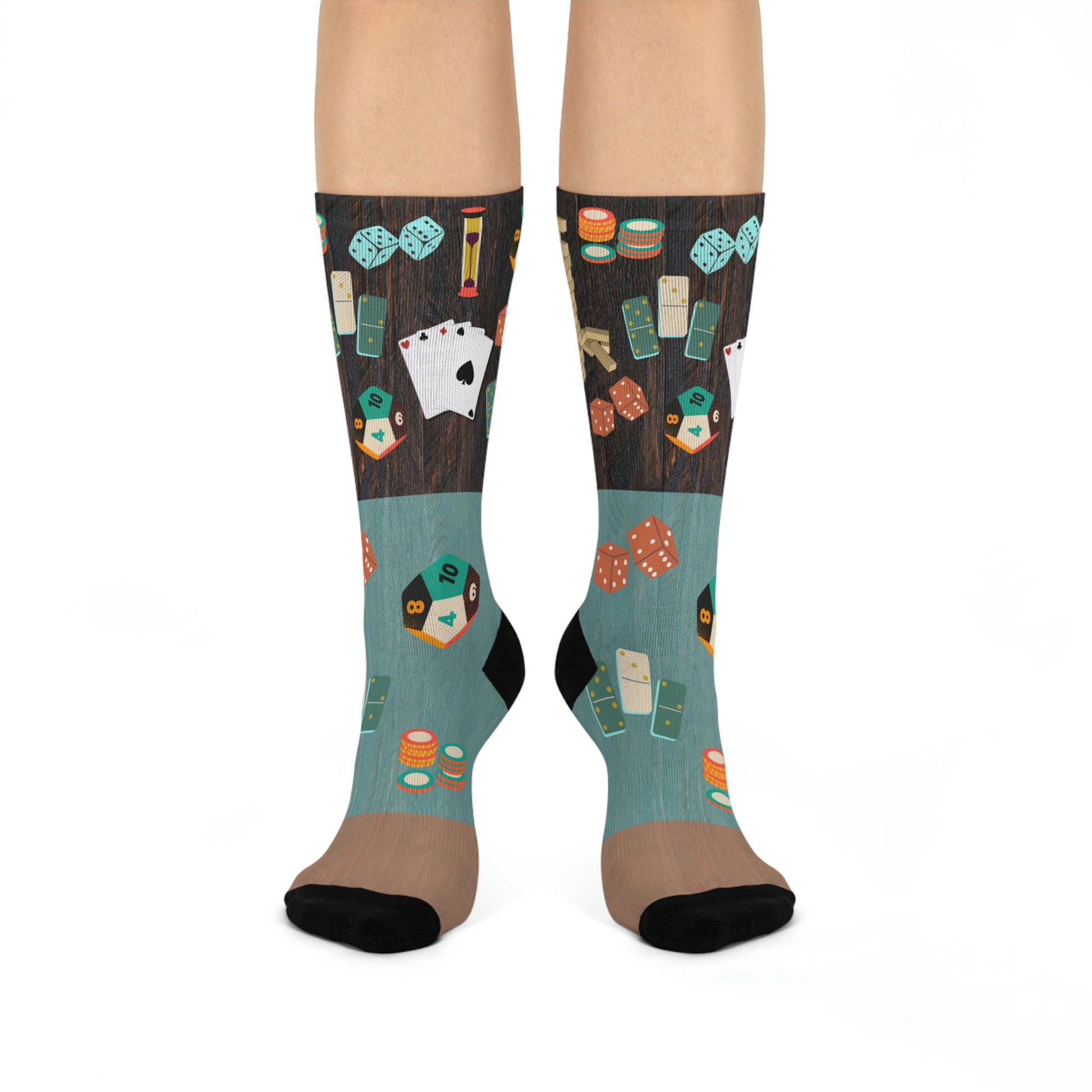 Socks with dice, cards, chips, tokens, game pieces