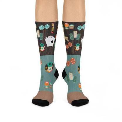Socks with dice, cards, chips, tokens, game pieces