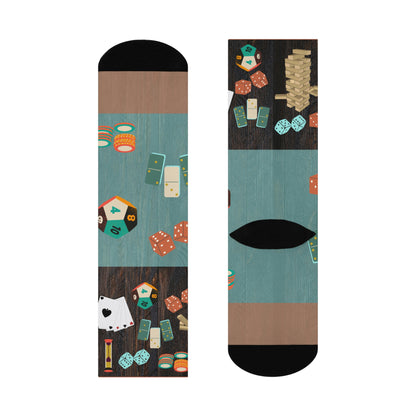 Socks with dice, cards, chips, tokens, game pieces
