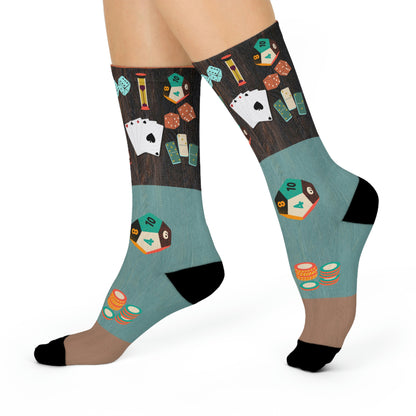 Socks with dice, cards, chips, tokens, game pieces
