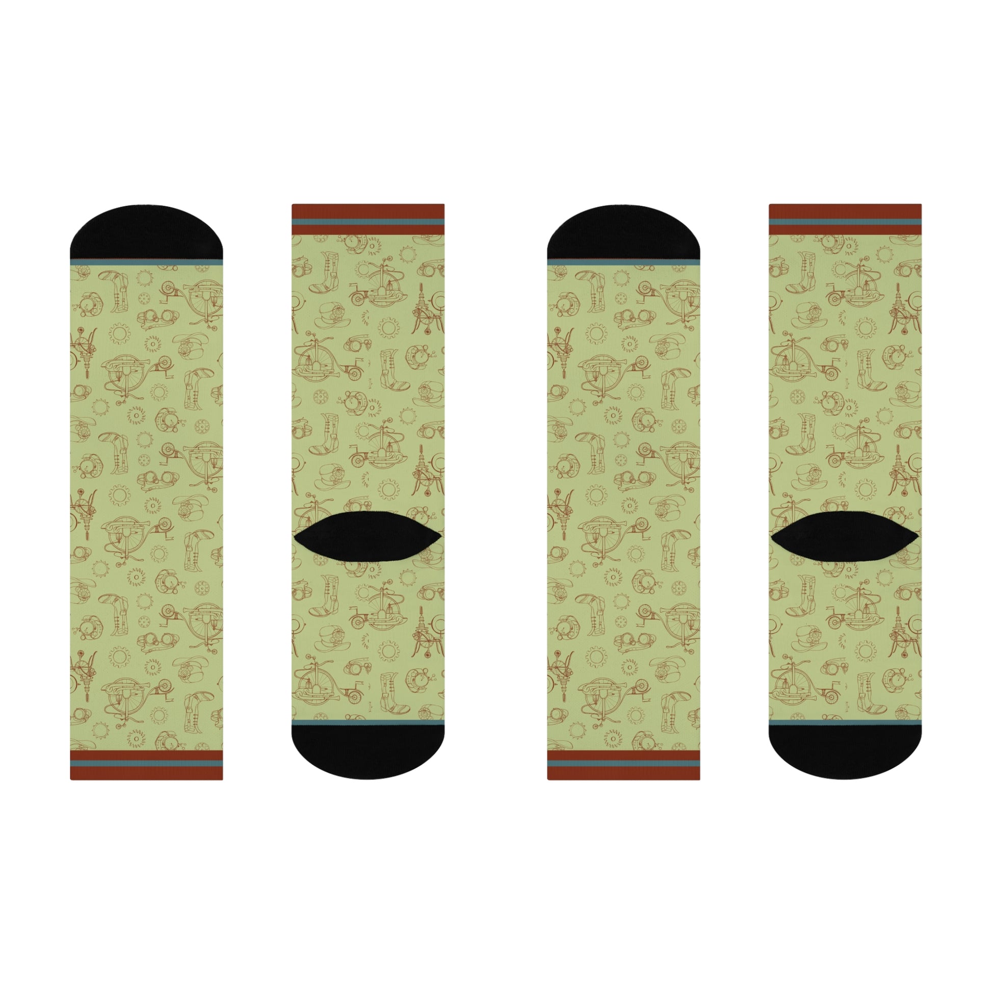 green socks with rust gears and cogs