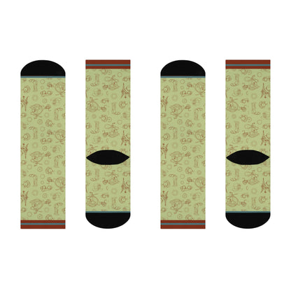 green socks with rust gears and cogs